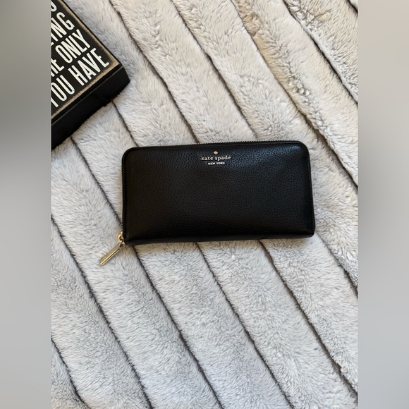 kate spade Handbags - kate spade Black Pebbled Leather Zip Wallet with Gold Logo